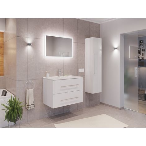 Badmöbel Set Firenze 80 3tlg. LED Spiegel und Hochschrank weiß hochglanz