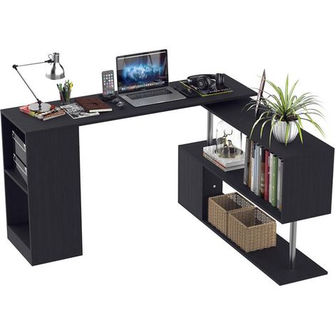 SCRIVANIA ANGOLARE PER COMPUTER CON SCAFFALI ROUTAZIONE A 360° FORMA L IN LEGNO (1/5)