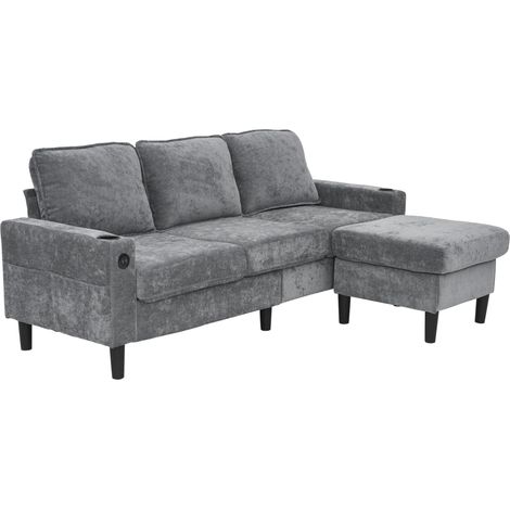 Divano angolare L grigio in lino con USB, Type-C, portabicchieri e pouf (1/5)