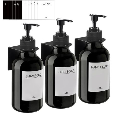 3 Pièces Distributeur Savon Mural, Distributeur de Savon 500ml avec Étiquettes No Perçage pour Cuisine et Salle de Bain - Noir Pur (1/5)