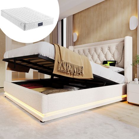 CHICFURN Cama doble 140x200 cm beige de algodón con almacenaje hidráulico, LED, USB y colchón (1/5)