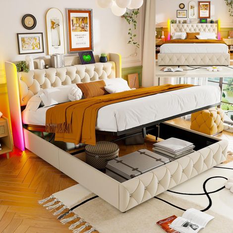 Letto contenitore capitonnato 160x200 cm - con illuminazione LED, rete in legno massello, velluto, grande spazio di stoccaggio, stile scandinavo - Beige (1/5)