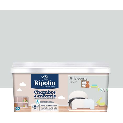 Ripolin – Peinture satinée anti humidité pour chambre d'enfants – Gris souris 2,5 L – Résine végétale captant formaldéhyde