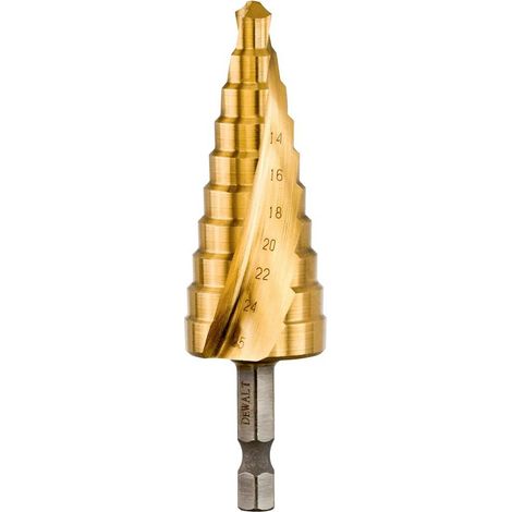 Dewalt – Foret conique étagé 8-25 mm – Revêtement titane pour résistance à l'usure – Pour visseuse à choc – Pénétration rapide dans l'acier et le bois (1/3)
