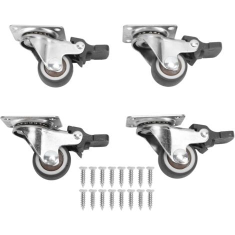Set mit 4 kleinen Lenkrollen aus Stahl und Gummi, 2,5 cm Durchmesser, mit Bremse und 16 Schrauben, für Möbel (1/5)