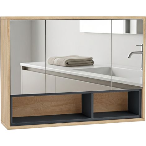 Meuble de salle de bain avec miroir - Armoire toilettes murale, chêne - Placards à 3 portes et 8 compartiments - Rangement suspendu pratique - Design naturel moderne (1/5)