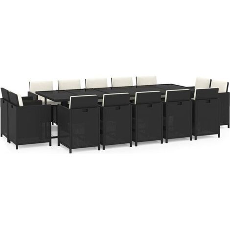 Ensemble table et chaises de jardin 15 pièces, avec coussins, en résine tissée noire. (1/5)