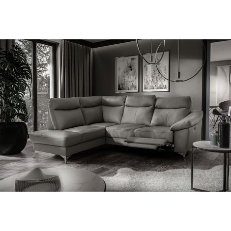 - Canapé d'angle en cuir italien de luxe 5 places LUZERNE, avec relax électrique et coffre, gris foncé, angle gauche (1/5)