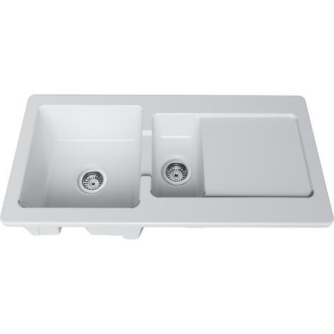 Vitra – Évier céramique blanc 100x50 cm – 1 bac 1/2 réversible avec égouttoir – Bonde et siphon inclus – Pour meuble sous évier 80 cm (1/4)
