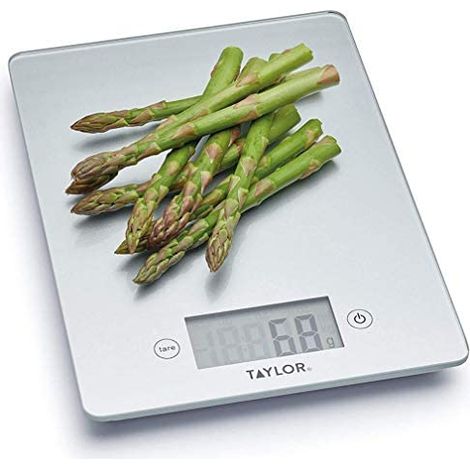 Taylor Pro Balanza Digital de Vidrio de Cocina, Diseño Compacto y Ultrafino, Nivel Profesional con Función de Peso con Tara, Acabado en Plata, 5 kg de Capacidad (1/5)