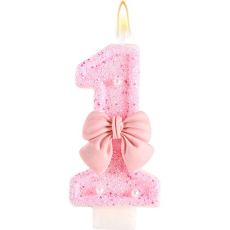 Bougie d'Anniversaire Rose avec Noud, Paillettes Brillantes Perles Bougies Forme Chiffre Joyeux Anniversaire Décorations Gâteaux Parfaites pour Fête Mariage Remise Diplôme(Numéro 1) (1/5)