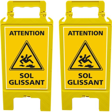 Signaletique.Biz France – Lot de 2 chevalets de signalisation jaune – Pictogramme ISO 7010 W011 – Double face pour visibilité optimale – Polypropylène léger et imperméable