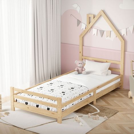 ML-Design Cama Infantil con Forma de Casita 90 x 200 cm de Madera de Pino Color Natural, Cuna Individual para Niño con Somier de Láminas y Diseño Casa con Chimenea, Litera Maciza Juvenil de Juego