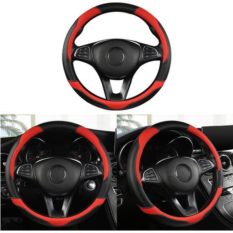 Housse De Volant De Voiture Respirantes, Housses Volant Voiture Antidérapantes en Fibre Carbone Souple, Housse De Volant Universelle pour Quatre Saisons, Accessoires Voiture(Noir/Rouge) (1/5)