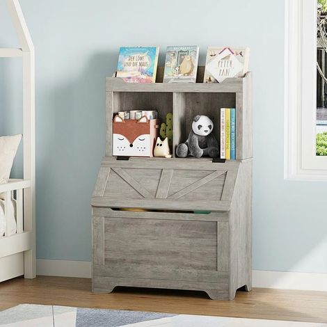 Bibliothèque Enfant 3 Niveaux avec Bac à Jouets, Coffre de Rangement et Étagères Livres en Bois Gris (1/5)