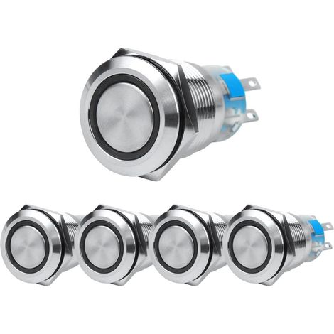 Interrupteur Bouton-Poussoir - 19 mm - Verrouillage - IP65 IK10 - Lumière LED Bleue - Métal - 5 Pièces (1/5)