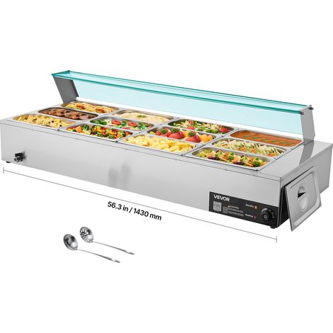 Chauffe-Plat Électrique à Vapeur 1700 W, Buffet Chauffant en Inox, Bain-marie avec 12 Bacs de 1/3, Couvercle en Verre et Louches à Soupe et Perforées, pour Servir Buffet en Libre-Service (1/5)