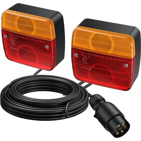 2x Feux Remorque 7,5m Câble 7 Broches 12V Homologué ECE IP65 Étanche pour Voitures Camions Caravanes Bateaux Camionnettes Feux Arrière d'Éclairage