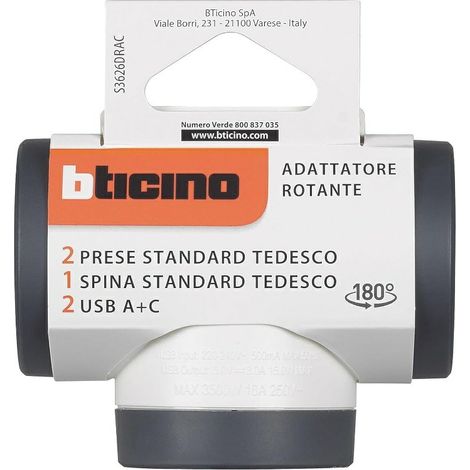 Adattatore Bticino 2 prese + spina STD + USB corpo rotante