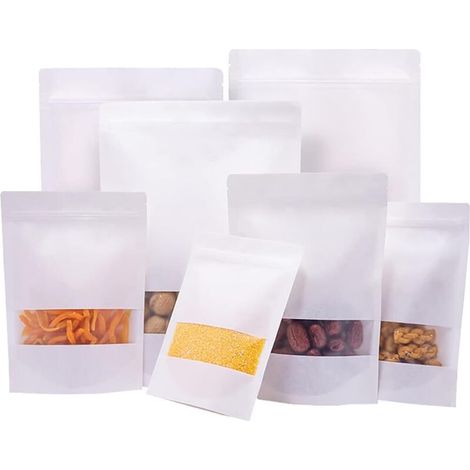 SABIR Sachet Kraft Alimentaire, Pochette Kraft, Kraft, Pochon Kraft Zip, pour Noix, Bonbons, Grains de Café, Céréales, Nourriture pour Animaux de Compagnie, etc. 100 pièces 90x140mm Blanc (1/5)