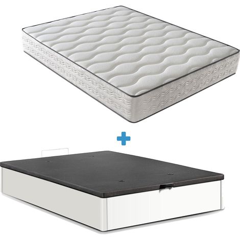 Ensemble 150x190 Matelas Mousse - H25 Cm + Lit Coffre - Blanc (1/5)