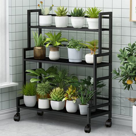 3-Etagen Halter pflanzenregal blumenregal mit Rädern, pflanzentreppe outdoor Mobile Blumenständer mit Metall Platten Balkon Innenhof Hof