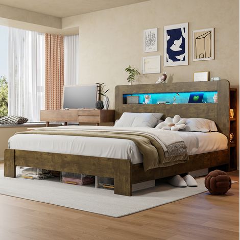 Letto piattaforma moderno in legno color legno 180x200 cm con testiera contenitore, LED e prese integrate (1/5)