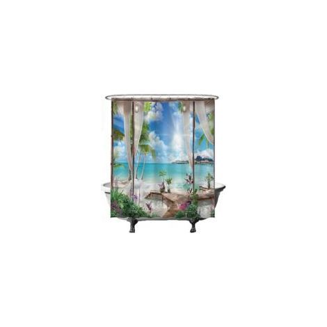 Rideau de douche, motif plage et océan, style naturel, 180 x 200 cm, lavable, résistant à la moisissure, avec 12 anneaux de suspension, disponible en bleu, blanc et vert. (1/5)