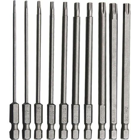 Lot de 10 embouts Torx longs en acier au chrome-vanadium de 100 mm pour tournevis et perceuse électrique (entretien). (1/5)