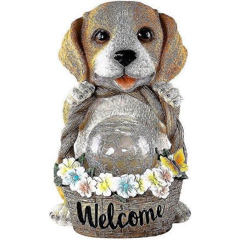 Décoration solaire extérieure en résine représentant un chiot avec panneau de bienvenue, pouvant servir de veilleuse pour les statues d'animaux. (1/5)