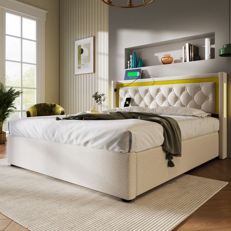 Lit rembourré LED double avec coffre de rangement, tête de lit avec fonction de charge USB Type C, lit de rangement, cadre de lit en coton, lit pour ado 140x200 avec sommier à lattes (avec matelas) (1/5)