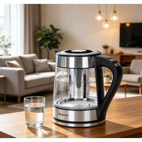 Bouilloire Aigostar 2200W 1.7L verre borosilicate, chauffe ultra rapide robuste pour cuisine et bureau (1/4)