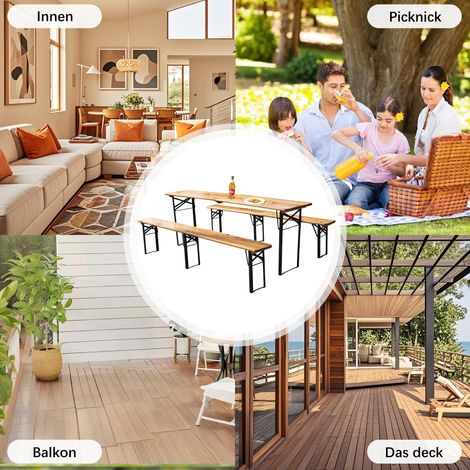 Gartenmöbel Set mit 1 Klapptisch und 2 Klappbänken, für Garten und Camping, Metall und Holz, Naturholz