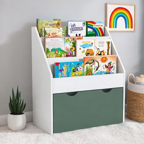 Bibliothèque enfant 3 étagères tiroir à roues vert verde en MDF (1/5)