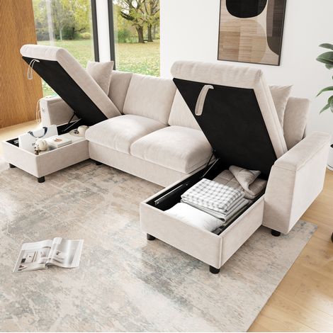 Canapé panoramique en U 284x135x84 cm beige en chenille avec rangement et ports USB/Type-C (1/5)