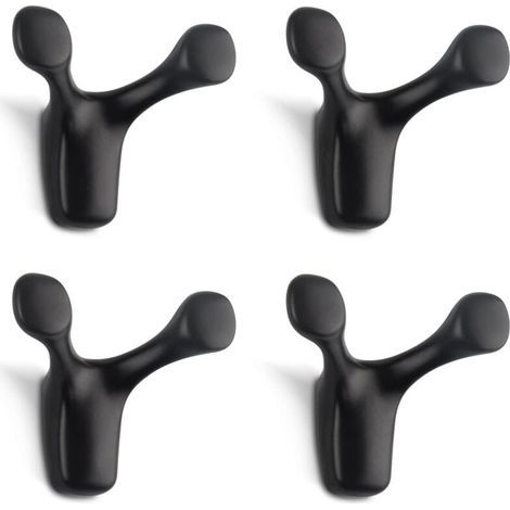 Juego de 4 ganchos de pared dobles resistentes, fabricados en aleación de zinc macizo, con forma de astas de ciervo, para baño, dormitorio y cocina. Tornillos incluidos (negro mate). (1/5)