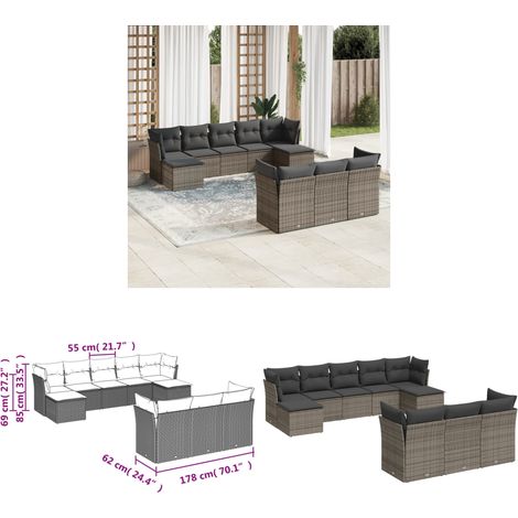 Salon de jardin avec coussins 10 pcs gris résine tressée - Salon De Jardin - Canapé Extérieur - Meuble De Jardin - Set Salon De Jardin - Mobilier De Jardin - Home & Living (1/3)