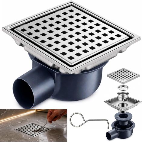 Caniveau de Douche Carré En Acier Inoxydable avec Siphon à 360° Anti-Odeurs, 2 en 1 Caniveau de Douche à Carreler, 15 x 15 Cm Drain de Sol pour Salles de Bains (Modèle 2) (1/5)