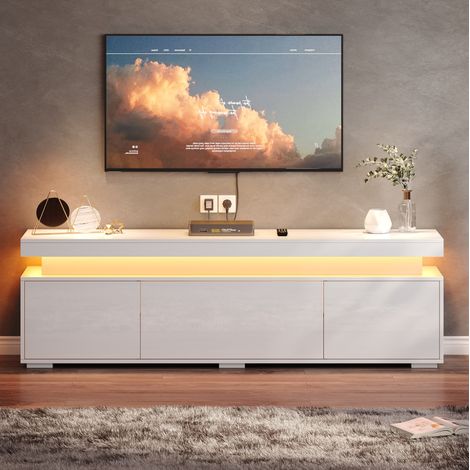 Meuble TV en panneaux de particules blanc brillant 150 x 35 x 43 cm, 3 portes, 4 rangements, LED USB (1/5)