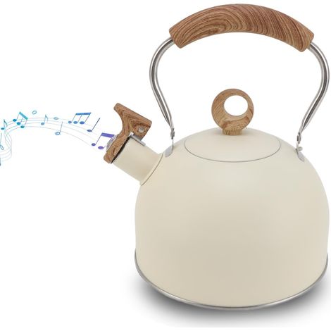Théière sifflante en acier inoxydable de 2,5 litres avec poignée, grande capacité, convient pour cuisinière électrique, cuisinière à gaz (beige) (1/5)