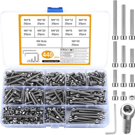 440 pièces vis à tête creuse M4, vis à tête cylindrique, kit en acier inoxydable avec écrous, avec rondelles et 2 clés (1/5)