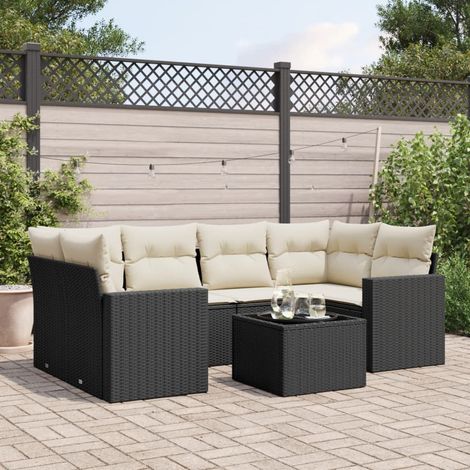 Salon de jardin 7 pcs en résine tressée noire avec coffres de rangement et coussins, 62.9kg - PANGIVO (1/3)