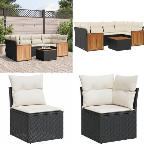 7-tlg. Garten-Sofagarnitur mit Kissen Schwarz Poly Rattan - Gartenmöbel - Outdoor Möbel - Rattan Gartenset - Lounge Set - Esstisch - Home & Living (1/5)