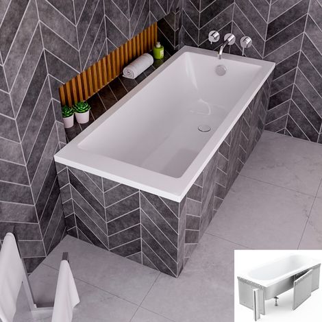 ECOLAM Badewanne Tami 150 x 70 cm + Styroporverkleidung zum Befliesen Rechteck Acrylwanne weiß glänzend Ablaufgarnitur Ab- und Überlauf Füße Silikon