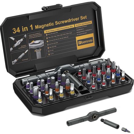 Kit Tournevis à Cliquet 34 en 1, Tournevis de Precision, Lot Tournevis Magnétique avec Poignée Amovible, Cliquet 58 Dents, 32 Embouts S2, Code Couleur, Screwdriver Set pour Meuble, PC, Vélo (1/5)