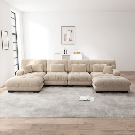 Divano lineare effetto nuvola da soggiorno, divano 4 posti in ciniglia con 2 poggiapiedi e 6 cuscini, senza montaggio - Beige