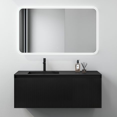 Mai & Mai Ensemble de Meubles de Salle de Bains Meuble sous Vasque 120 cm Noir Mat avec Tiroirs Soft-close Lavabo en Résine et Miroir Compris Santa