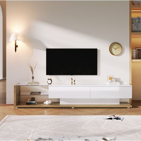 TV-Lowboard, weiß hochglanz und Holz, Trennwände aus Glas und variable LED, moderner Landhausstil (1/5)