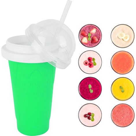 Gobelet en silicone réutilisable et portable de 400 ml, double paroi, à presser, pour smoothies et boissons glacées, vert