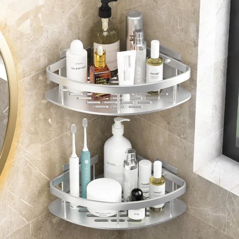 (Lot de 2 - Argenté) Étagère murale de rangement pour salle de bain, étagère d'angle auto-adhésive, antirouille, sans perçage, pour la douche (1/5)